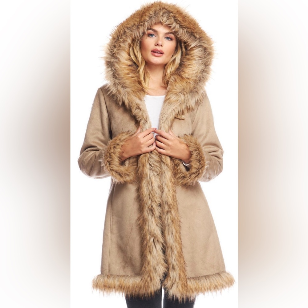 Donna Salyers Fabulous Furs -Latte faux suede and faux fur alpine hooded coat